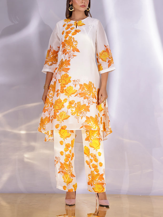 White and Yellow Floral Printed Vasansi Silk Co-ord Set