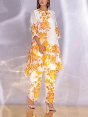 White and Yellow Floral Printed Vasansi Silk Co-ord Set