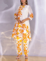 White and Yellow Floral Printed Vasansi Silk Co-ord Set