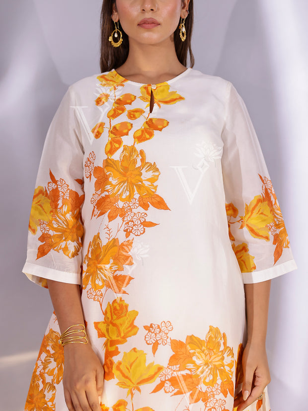 White and Yellow Floral Printed Vasansi Silk Co-ord Set