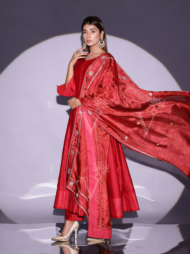 Red Vasansi Silk Anarkali Suit Set