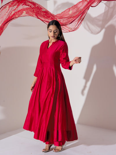 Maroon Chanderi Silk Anarkali Suit Set