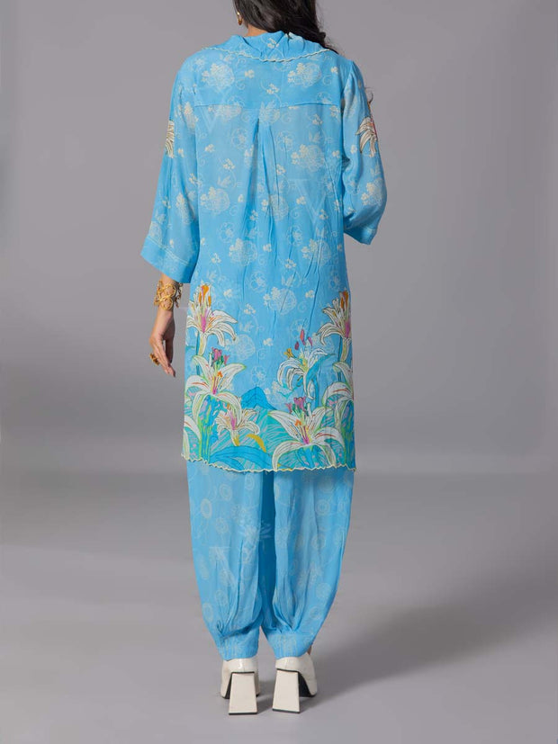 Sky Blue Crepe Silk Kurta And Pant Set