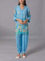 Sky Blue Crepe Silk Kurta And Pant Set