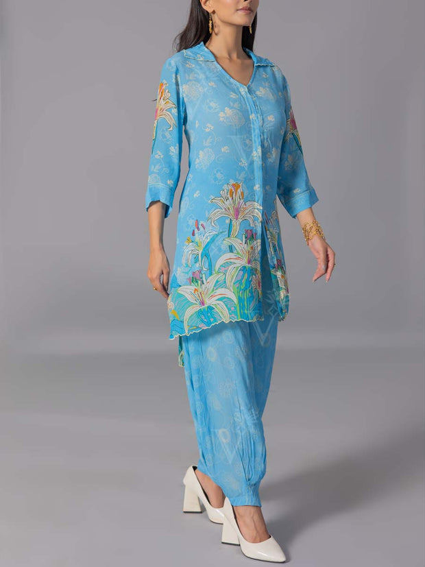 Sky Blue Crepe Silk Kurta And Pant Set