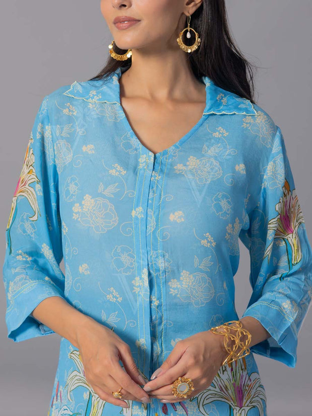 Sky Blue Crepe Silk Kurta And Pant Set