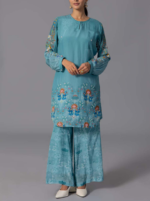 Sky Blue Vasansi Silk Kurta And Pant Set
