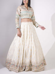 Off White Embroidered Banarasi Lehenga Set