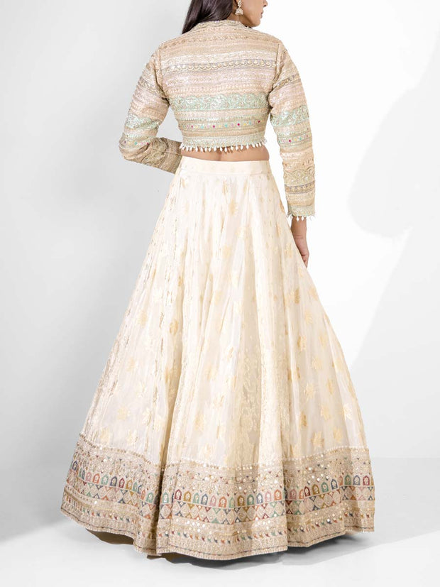 Off White Embroidered Banarasi Lehenga Set