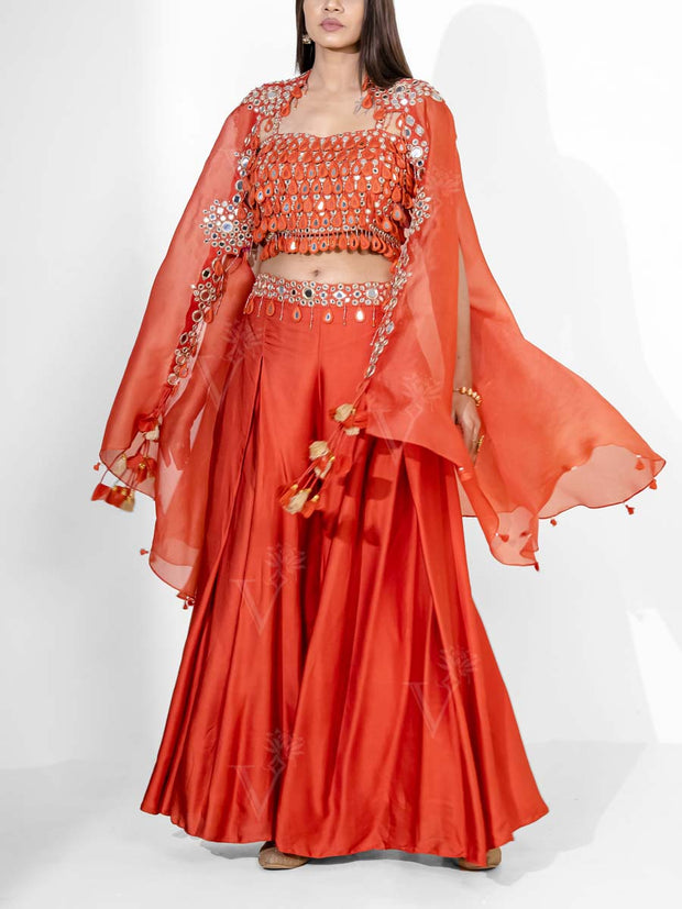 Rust Silk Embroidered Cape and Palazzo Set