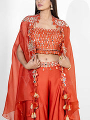 Rust Silk Embroidered Cape and Palazzo Set