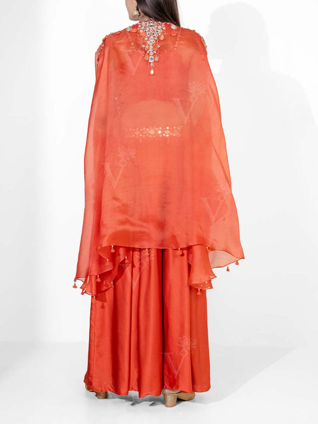 Rust Silk Embroidered Cape and Palazzo Set