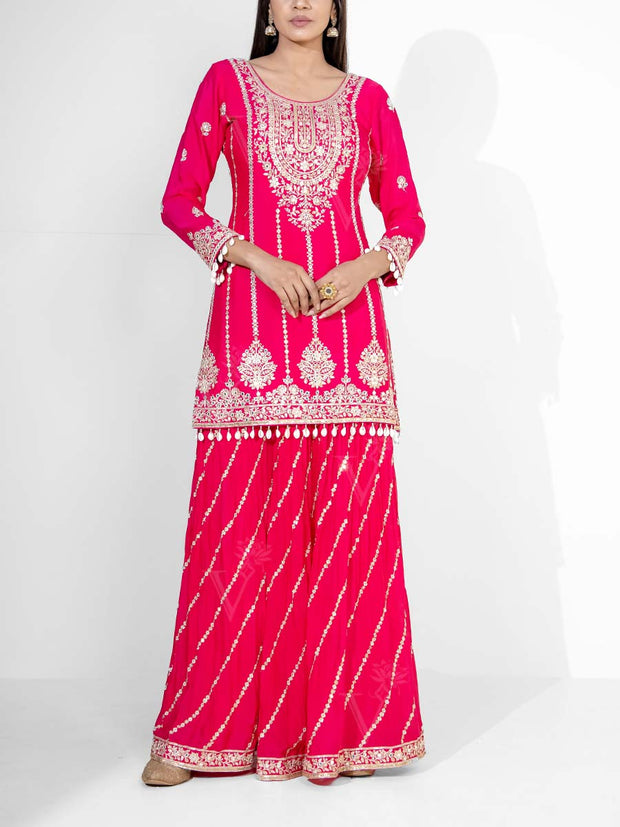 Rani Pink Embroidered Wrinkle Crepe Kurta and Garara Set