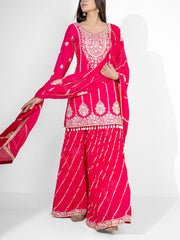 Rani Pink Embroidered Wrinkle Crepe Kurta and Garara Set