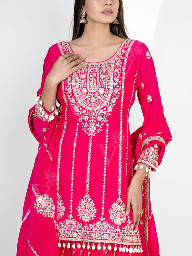 Rani Pink Embroidered Wrinkle Crepe Kurta and Garara Set