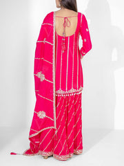 Rani Pink Embroidered Wrinkle Crepe Kurta and Garara Set