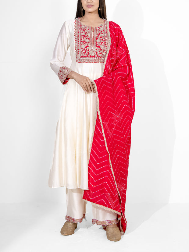 Off white Embroidered Chanderi Silk Suit Set