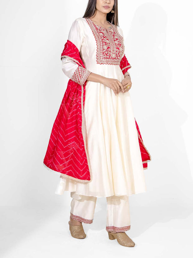 Off white Embroidered Chanderi Silk Suit Set