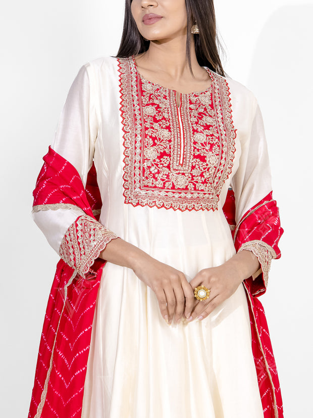 Off white Embroidered Chanderi Silk Suit Set