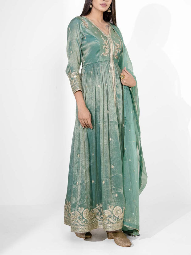 Green Embroidered Tissue Silk Suit Set