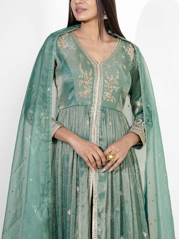 Green Embroidered Tissue Silk Suit Set