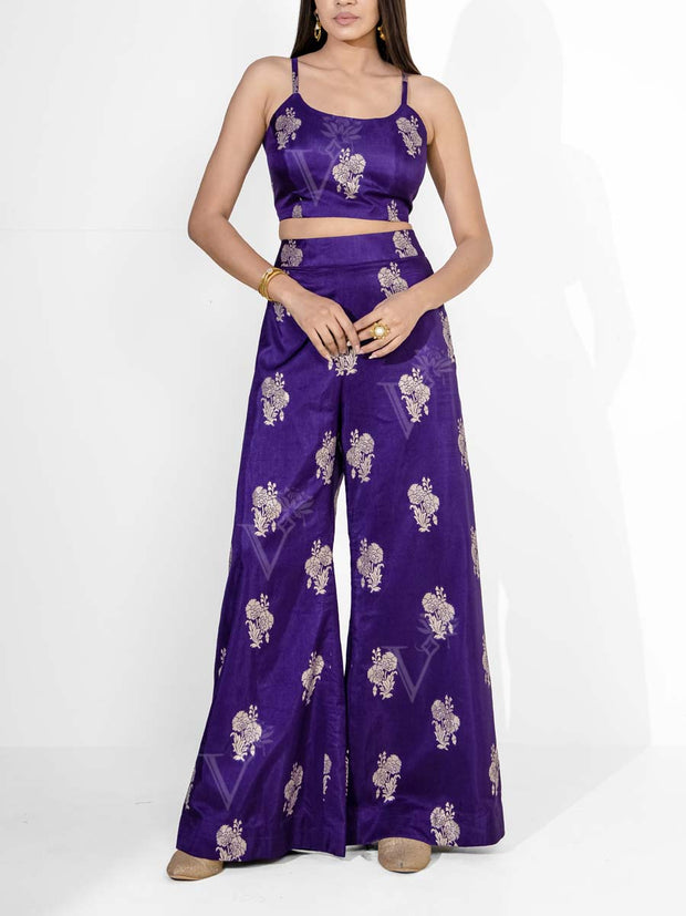 Violet Banarasi Silk Embroidered Jacket and Pant Set