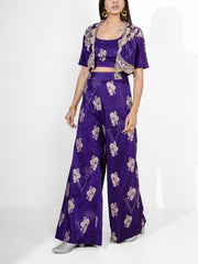 Violet Banarasi Silk Embroidered Jacket and Pant Set