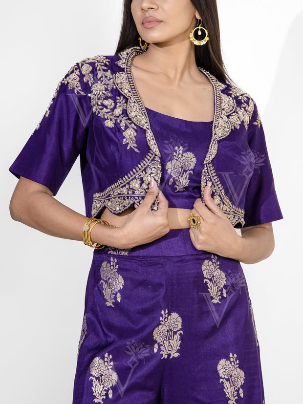 Violet Banarasi Silk Embroidered Jacket and Pant Set