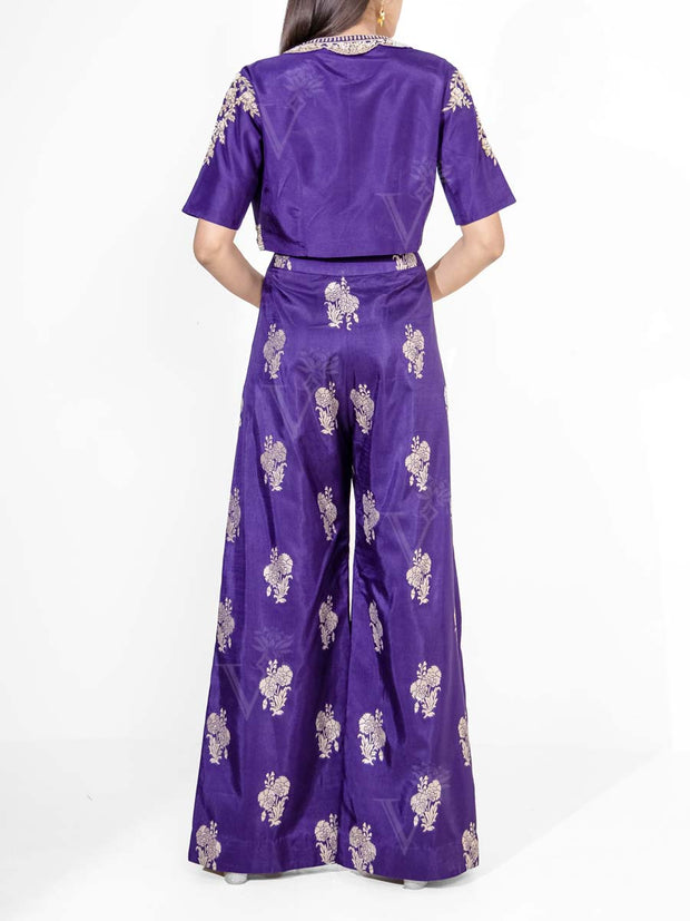 Violet Banarasi Silk Embroidered Jacket and Pant Set