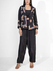 Black Silk Embroidered Jacket and Pant Set