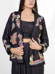 Black Silk Embroidered Jacket and Pant Set