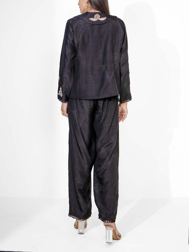 Black Silk Embroidered Jacket and Pant Set