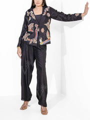 Black Silk Embroidered Jacket and Pant Set