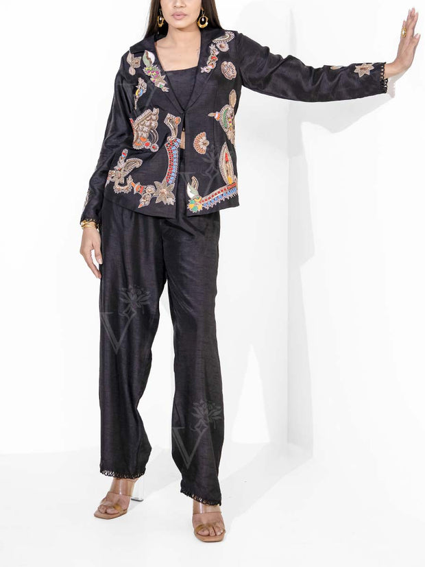 Black Silk Embroidered Jacket and Pant Set