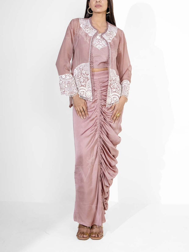 Dust Peach Silk Embroidered Jacket Set