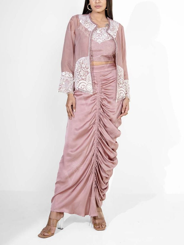 Dust Peach Silk Embroidered Jacket Set