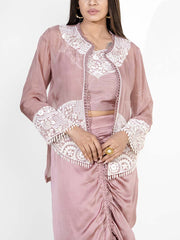 Dust Peach Silk Embroidered Jacket Set