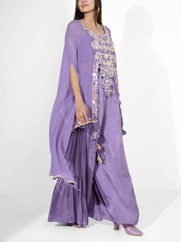 Purple Embroidered Satin Cape and Pant Set