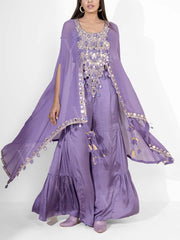 Purple Embroidered Satin Cape and Pant Set