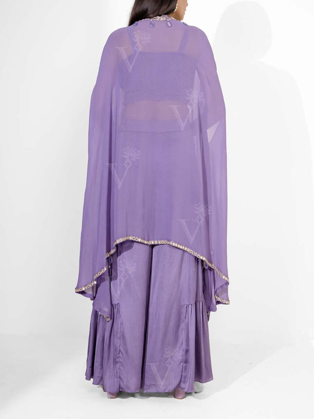 Purple Embroidered Satin Cape and Pant Set