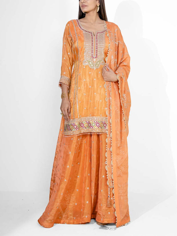 Orange Tissue Embroidered Kurta and Garara Set