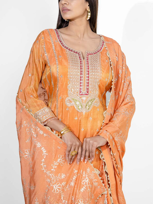 Orange Tissue Embroidered Kurta and Garara Set