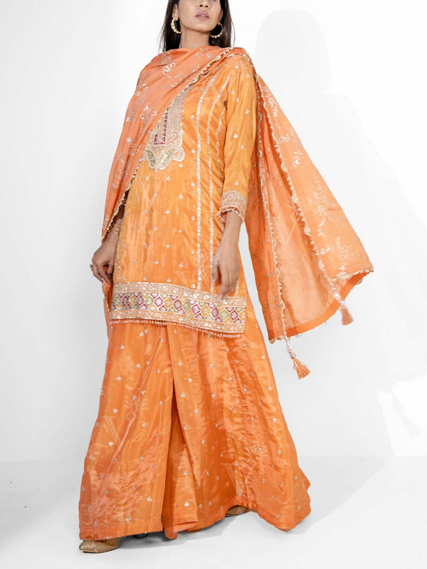 Orange Tissue Embroidered Kurta and Garara Set