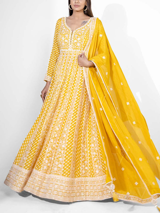 Yellow Wrinkle Crepe Embroidered Gown