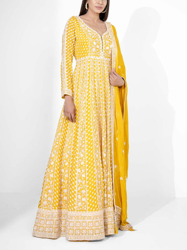 Yellow Wrinkle Crepe Embroidered Gown