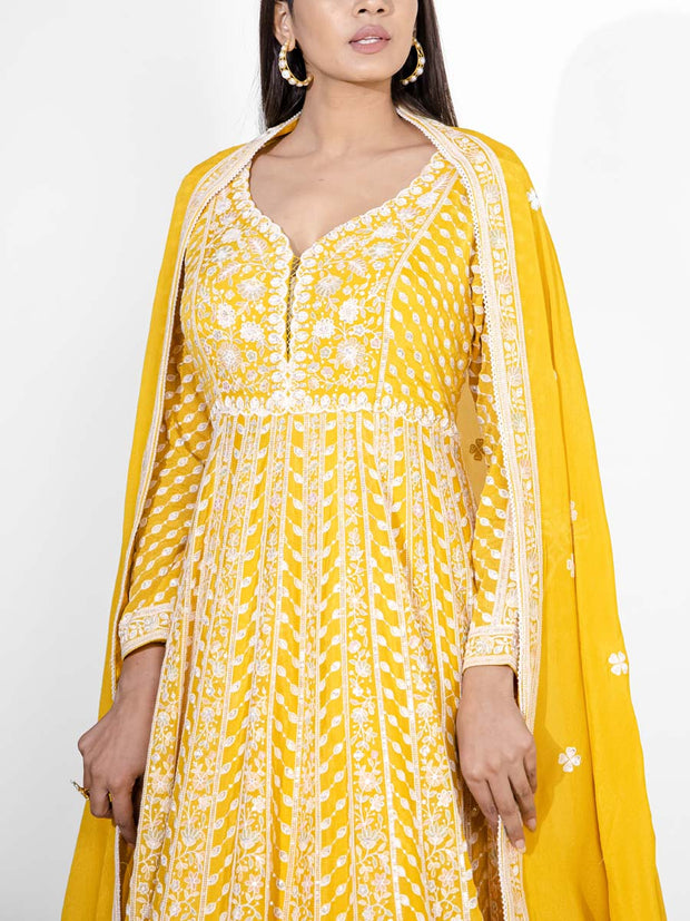 Yellow Wrinkle Crepe Embroidered Gown