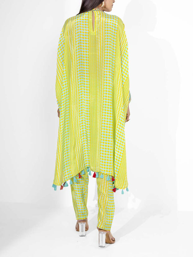 Yellow and Green Embroidered Crepe Kaftan Set