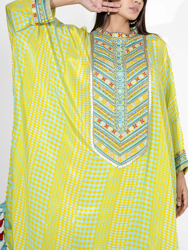 Yellow and Green Embroidered Crepe Kaftan Set