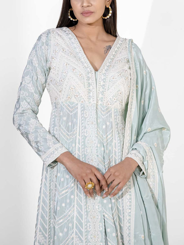 Powder Blue Embroidered Crepe Suit Set