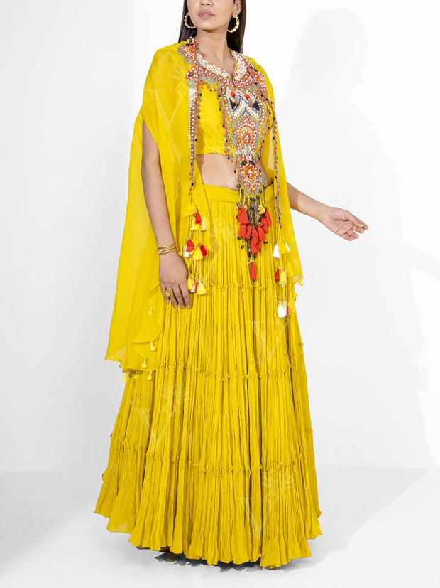 Yellow Silk Embroidered Lehenga Set